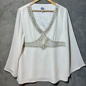 DG2 Diane Gilman Tunic Top Large‎ White Beaded Lined Tunic Top Cruise Wedding